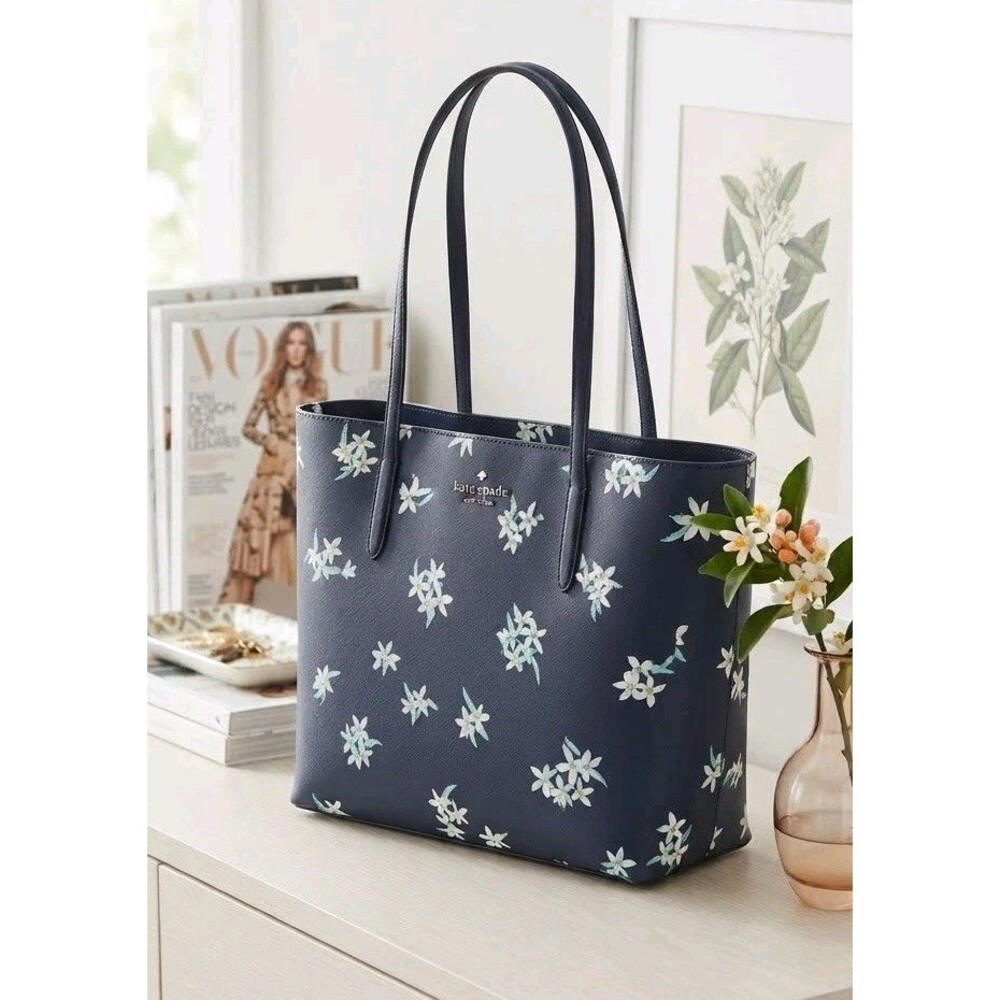 Kate Spade Schuyler Medium Leather Tote Bag Lily Blooms Floral Blue*See Pictures
